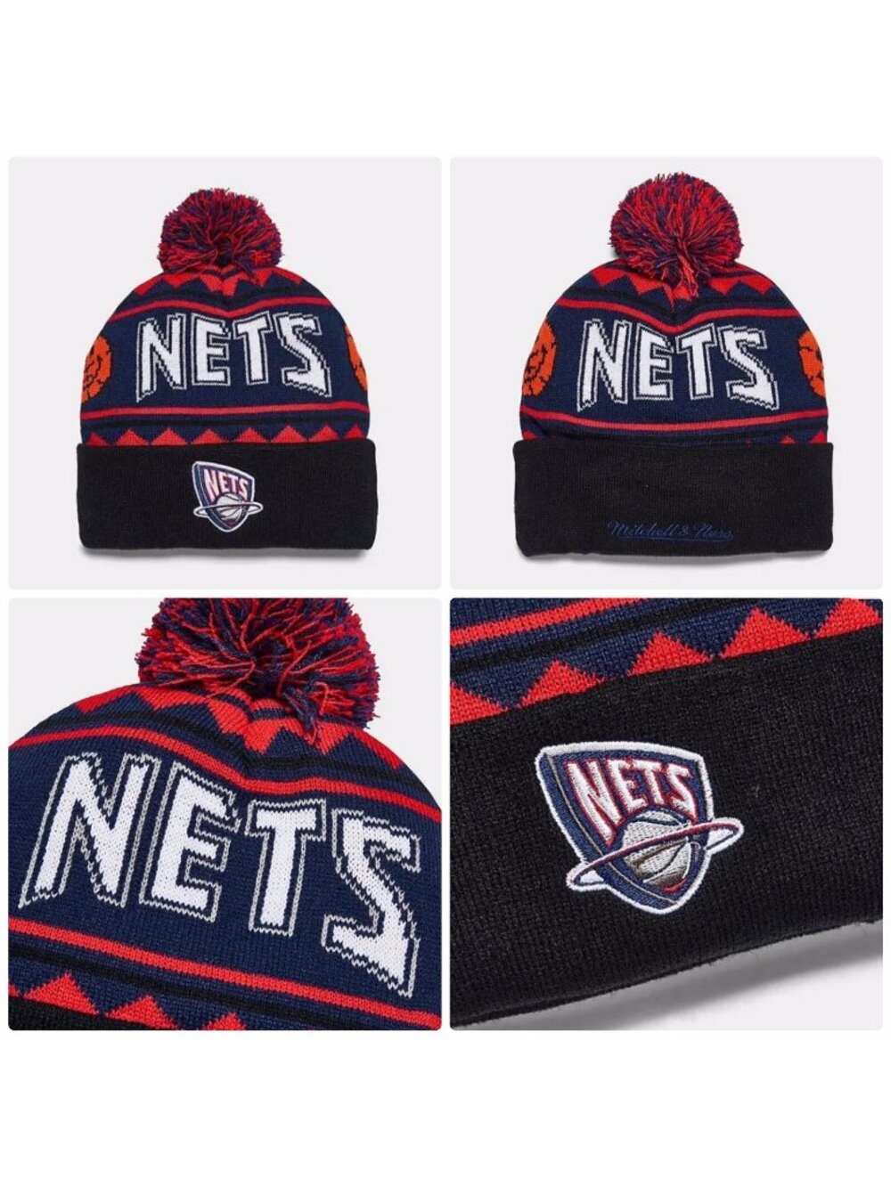 Mitchell & Ness New Jersey Nets NBA Team Isle HWC Pom Beanie Hat Size OSFA